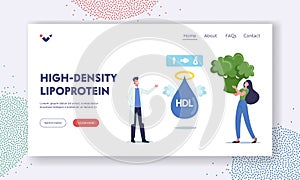 High Density Lipoprotein Landing Page Template. Doctor Character Explain Benefit of Good Cholesterol to Female Patient