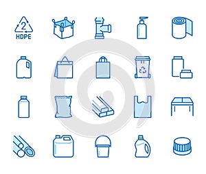 High density polyethylene flat line icons. HDPE products - jerry can, plastic canister, pipes, milk jug, garbage