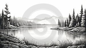 High Detail Black And White Lake Scene Illustration