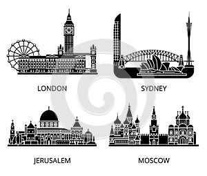 High detail landmarks silhouette stencil set. World countries cities sightseeing collection.