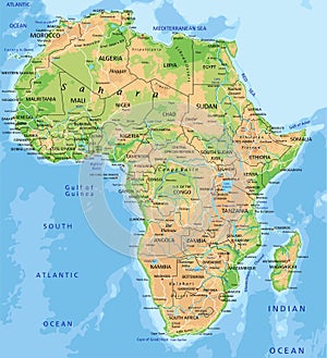 High detailed Africa physical map with labeling.