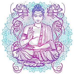 High-detailed artwork of Sitting Buddha over the round Mandala pattern. Hand drawn beautiful vector artwork isolated.