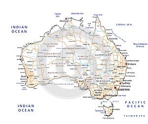 High detailed Australia road map with labeling.