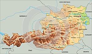 High detailed Austria physical map with labeling.