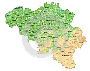 High detailed Belgium physical map with labeling.