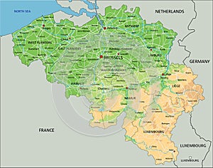 High detailed Belgium physical map with labeling.