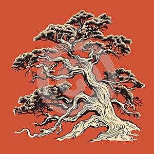 High Detailed Bonsai Tree Art Print On Orange Background