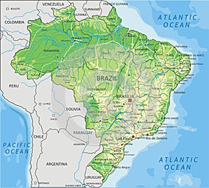 High detailed Brazil physical map with labeling.