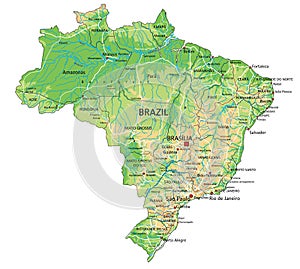 High detailed Brazil physical map with labeling.