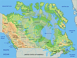 High detailed Canada physical map with labeling.