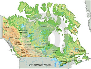 High detailed Canada physical map with labeling.