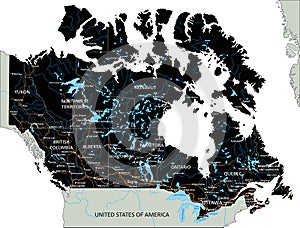 High detailed Canada road map with labeling.