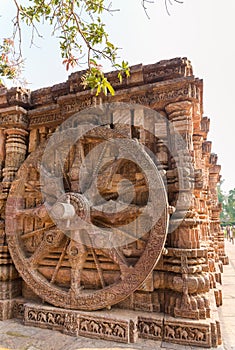 High detailed carving of chariot wheel on the walls of ancient Hindu Sun Temple, Konark, Orissa, India. UNESCO