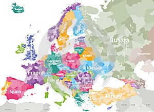 High detailed colored political map of Europe with countries` regions. Vector photo