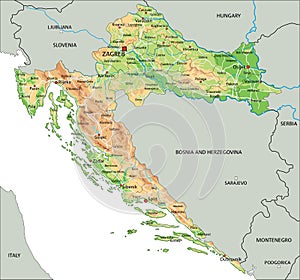 High detailed Croatia physical map with labeling.