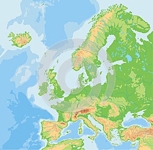 High detailed Europe physical map.