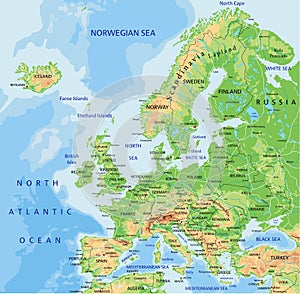 High detailed Europe physical map with labeling.