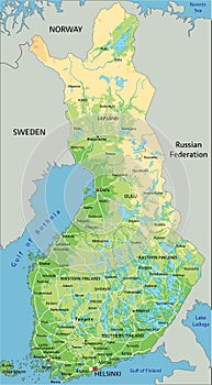High detailed Finland physical map with labeling.