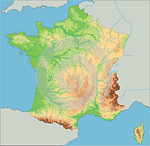 High detailed France physical map.