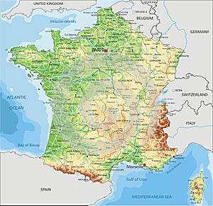 High detailed France physical map with labeling.