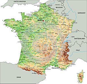 High detailed France physical map with labeling.