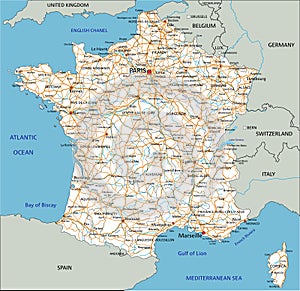 High detailed France road map with labeling.