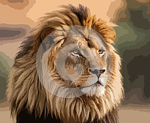 High Detailed Full Color Vector - Captivating Wild Carnivore Close-up Illustration of Intense Piercing Stare of Lion photo