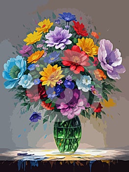 High Detailed Full Color Vector - Exuberant Bloom Image - An Expressive Floral Rhapsody in Glass Vase photo