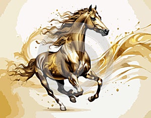 High Detailed Full Color Vector - A fantastical, glowing conceptual illustration of a golden powerfully muscular stallion photo