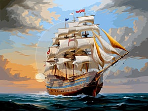 High Detailed Full Color Vector - Historical painting of late 18th early 19th century Large Sailing Ship, Vector EPS photo