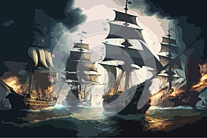 High Detailed Full Color Vector - Historical painting of Sea battle in late 18th early 19th century, Ships ablaze, Vector EPS photo