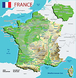 High detailed geogr of France with mountains, mountain ranges and plateaus, plains, lakes and rivers. Thorough France physical map