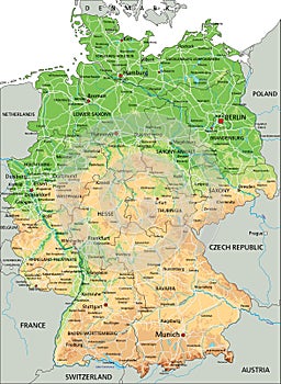 High detailed Germany physical map with labeling.