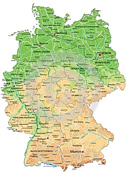 High detailed Germany physical map with labeling.
