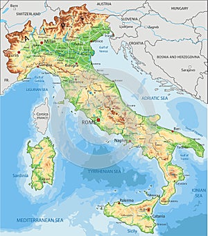 High detailed Italy physical map with labeling.