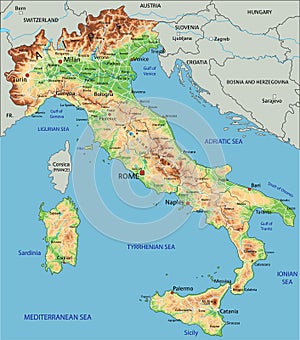 High detailed Italy physical map with labeling.