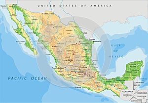 High detailed Mexico physical map with labeling.