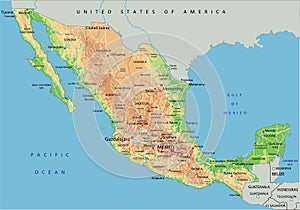 High detailed Mexico physical map with labeling.