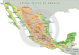 High detailed Mexico physical map with labeling.