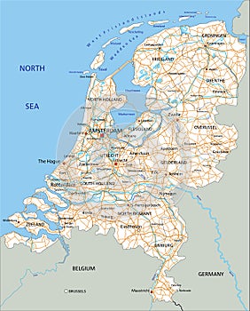 High detailed Netherlands road map with labeling.