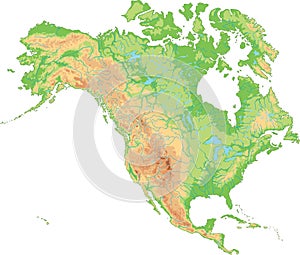 High detailed North America physical map.