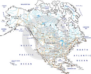 High detailed North America road map with labeling.