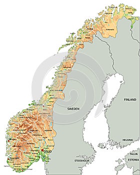 High detailed Norway physical map with labeling.