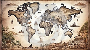 High detailed, Old world map with decorative elements. vintage map