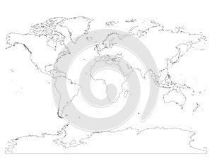 High detailed outline of world map with Antarctica. Simple thin black vector stroke on white background