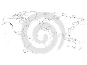 High detailed outline of world map. Simple thin black vector stroke on white background