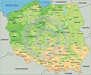 High detailed Poland physical map with labeling.