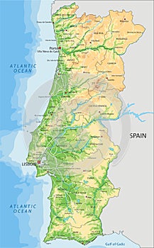 High detailed Portugal physical map with labeling.