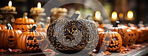 High detailed pumpkin carvings on a table