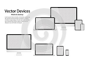 High detailed realistic set of divices Monitor laptop tablet and phone. Transparent mock up screens. Responsive design template